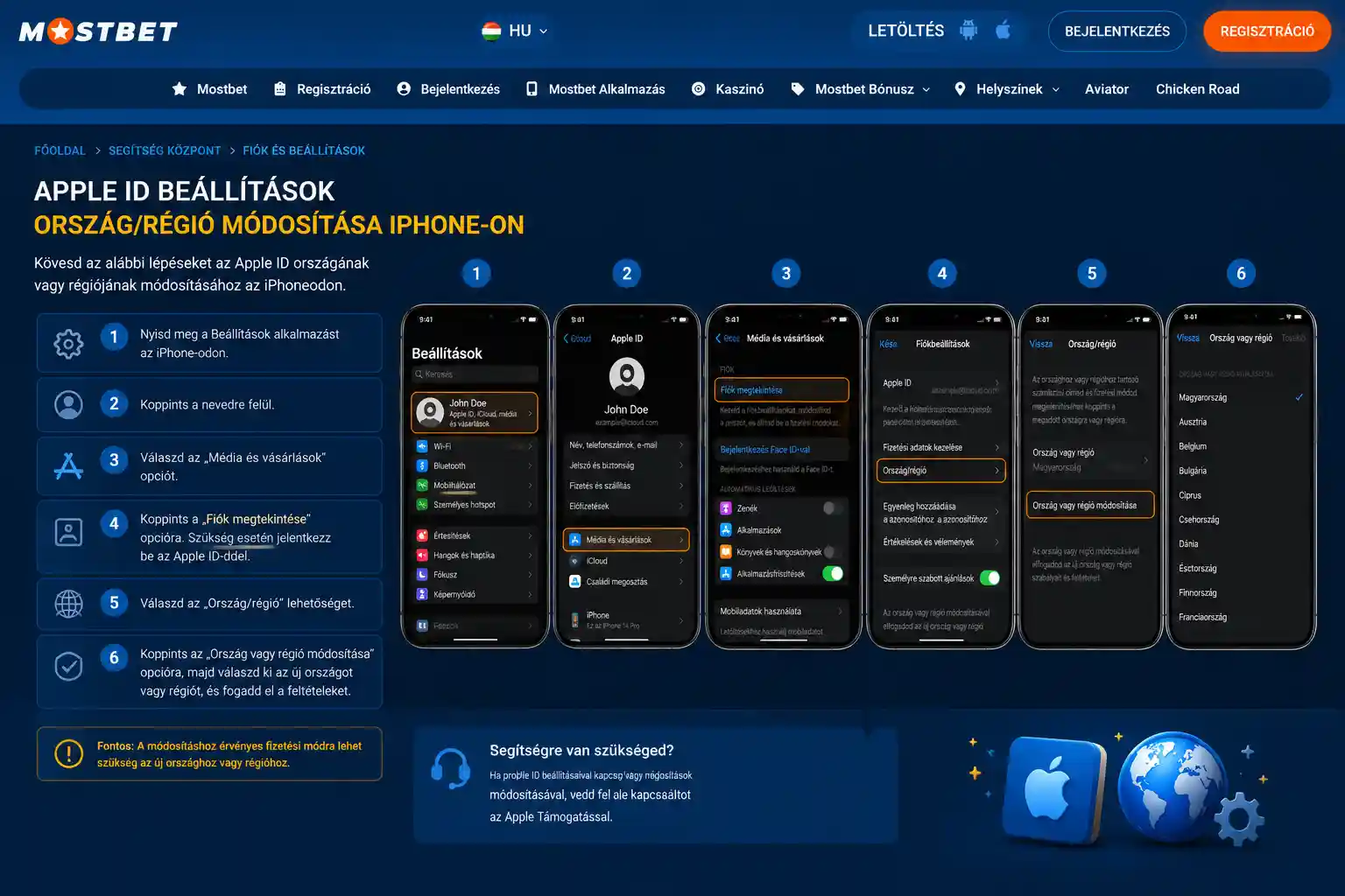 Apple ID beállítások – ország/régió módosítási képernyő iPhone-on