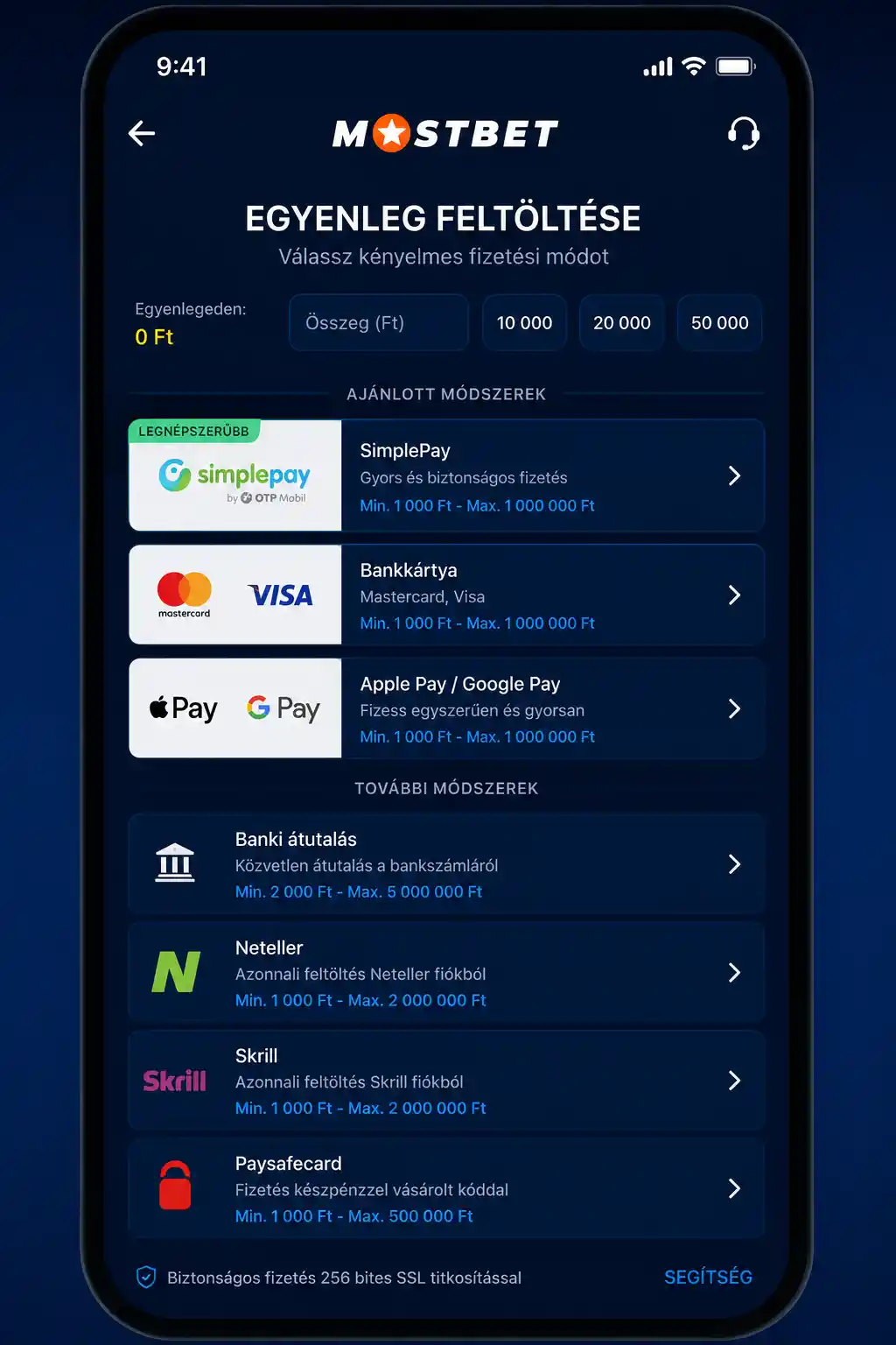 Mostbet app befizetési képernyő – fizetési módok Ft-ban