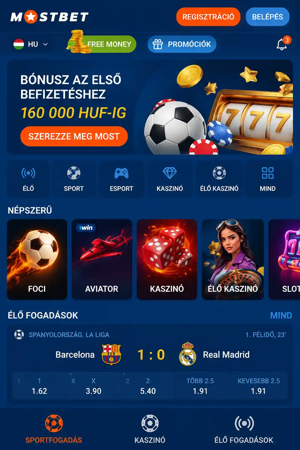 Mostbet app főmenüje Android eszközön