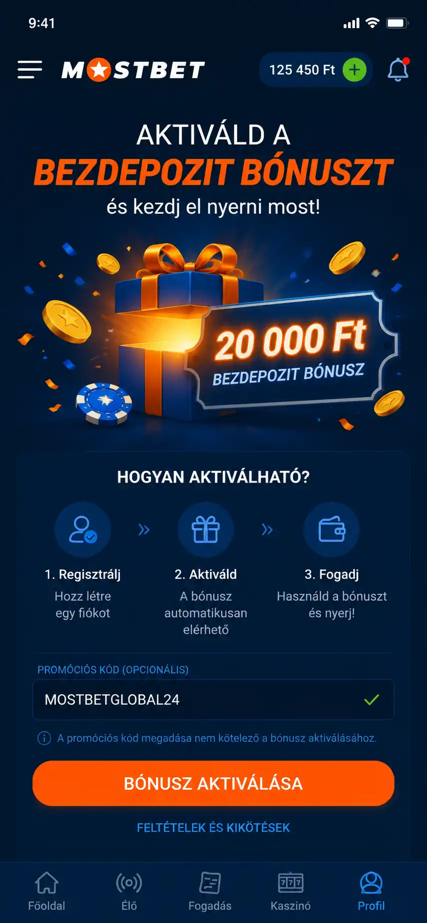 Mostbet mobilalkalmazás a befizetés nélküli bónusz aktiválási felületével