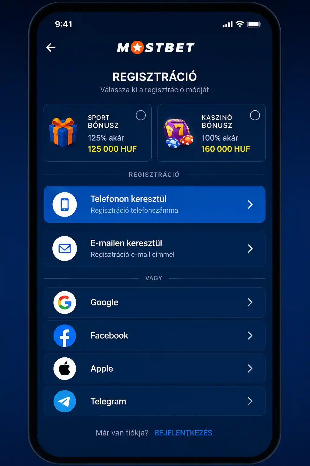 Mostbet app regisztrációs képernyő – metódusválasztó felület