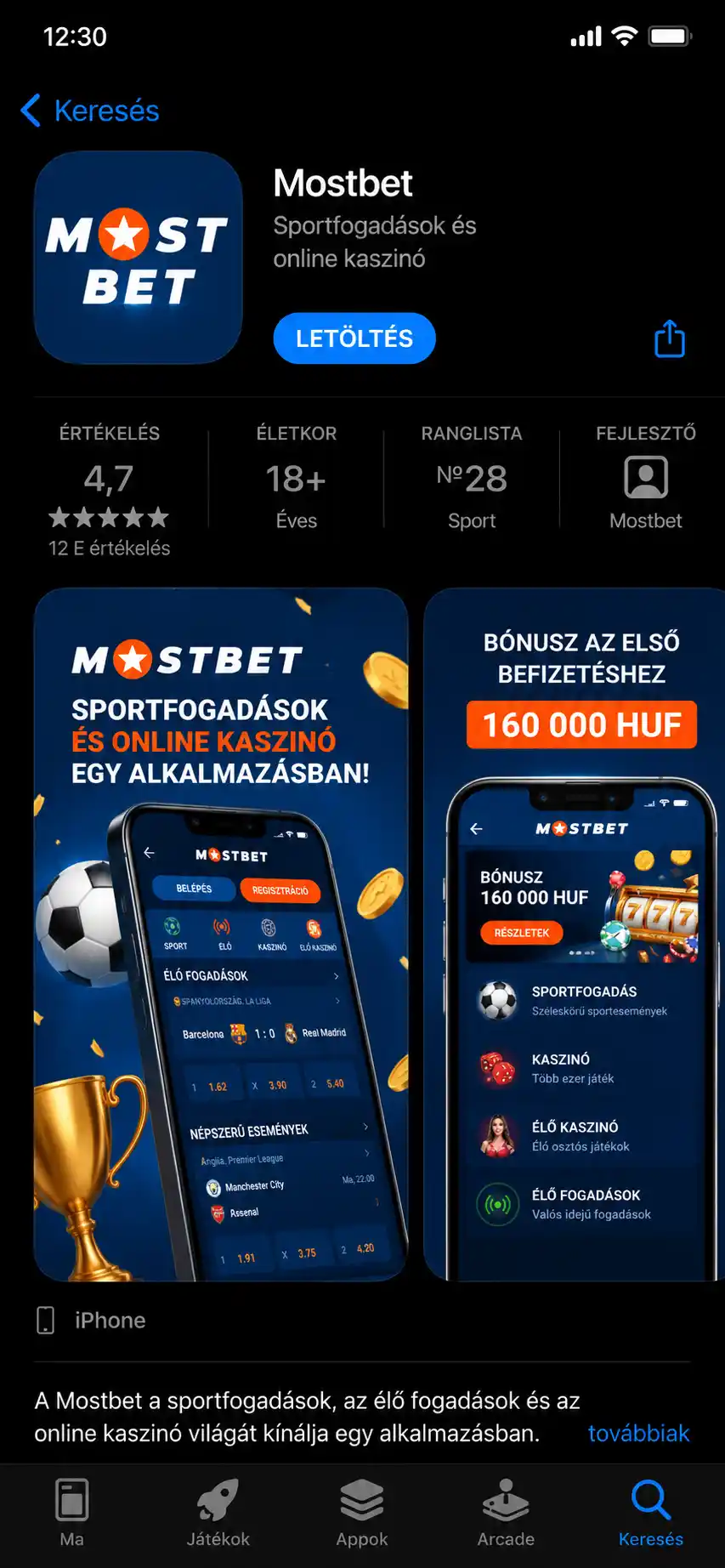 Mostbet alkalmazás az App Store-ban – letöltési képernyő