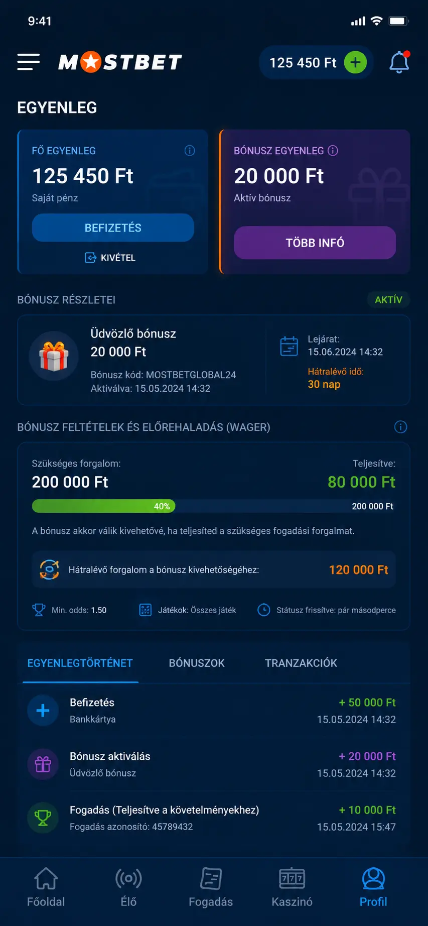 Mostbet fiók egyenlegoldala a bónuszegyenleggel és a wager teljesítésének arányával