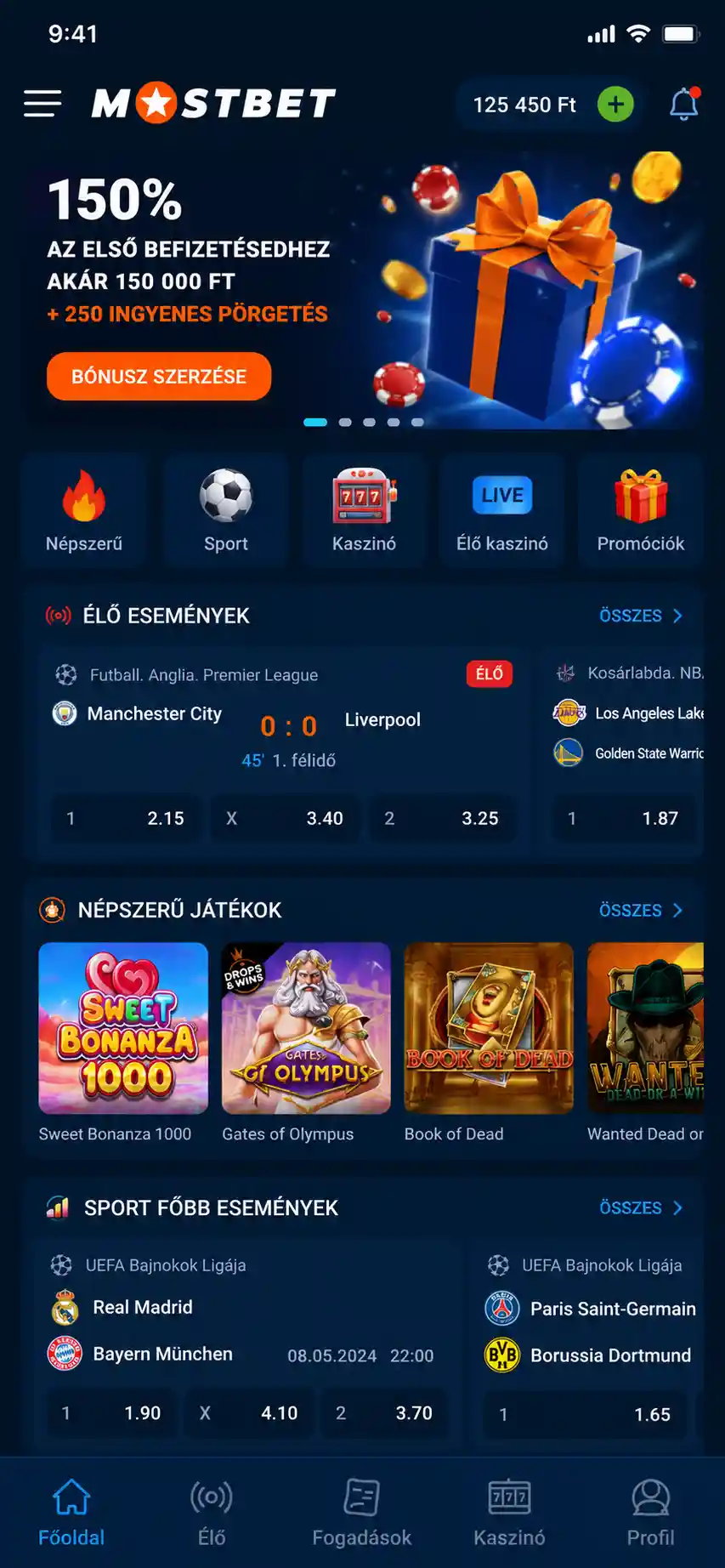 Mostbet mobilalkalmazás főképernyője