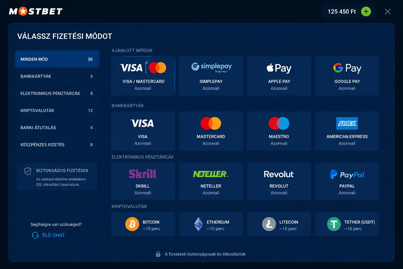 Mostbet fizetési módok kiválasztó felülete