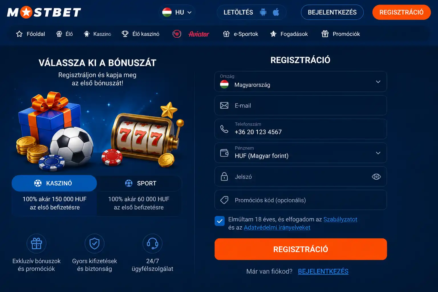 Mostbet regisztrációs űrlap a kaszinó és sport üdvözlő bónusz választógombjával