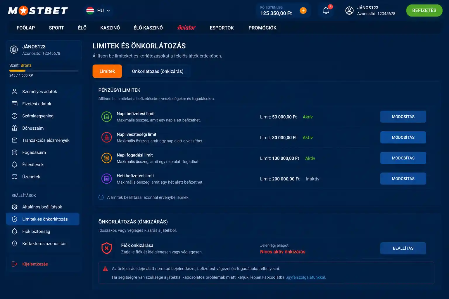 Mostbet felelősségteljes játék beállítások menüje