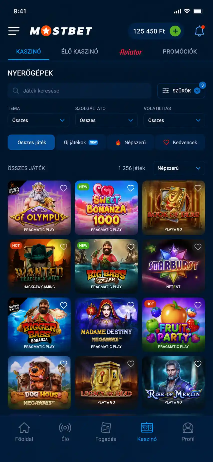 Mostbet nyerőgép-katalógus szűrési felülettel