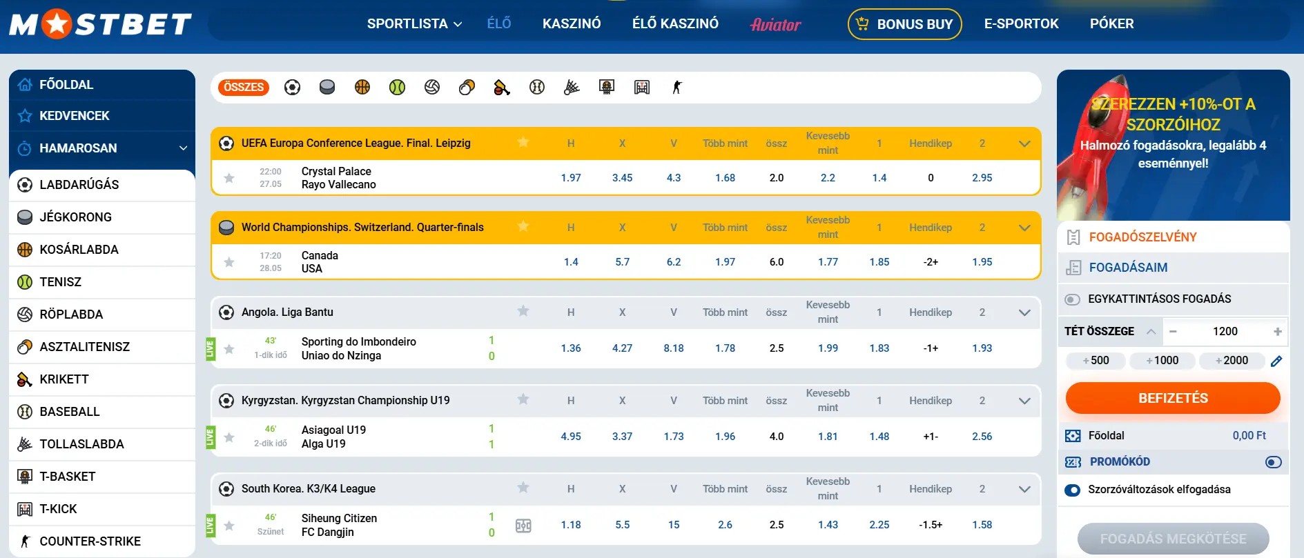 Mostbet sportfogadási felület élő mérkőzésekkel és oddsokkal